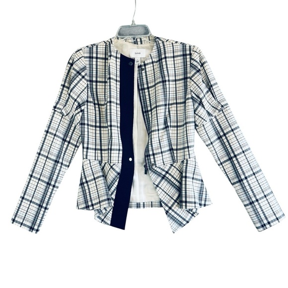 LEWIT Plaid Wool / Mohair Peplum Blazer Lined Blue White Size Small - Picture 3 of 12